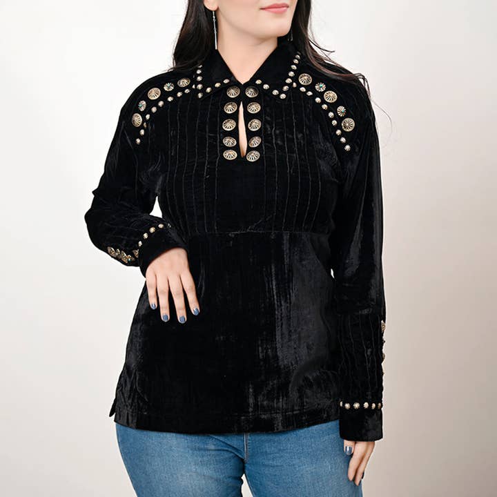 ADSH029 Camicia Tunica da Donna Western in Velluto Nero con Accenti di Concho Antico per la vendita all'ingrosso da parte di LS Western