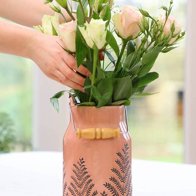 Dibor – wholesale Vase – Fern Leaf Embossed Pink Milk Churn Flower Vase9