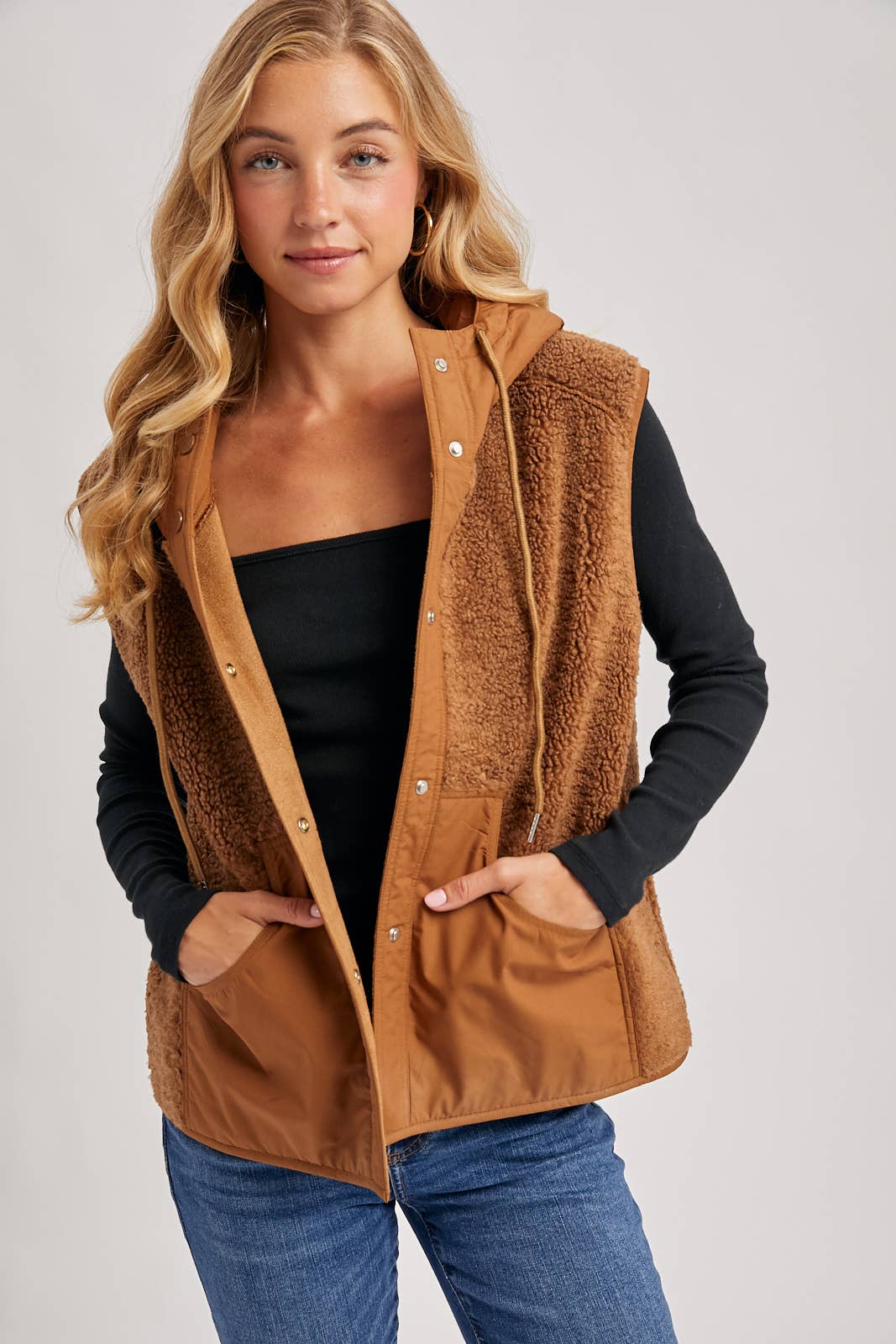 Bluivy - Wholesale Outerwear Vest - Women's - SHERPA FLEECE HOODED VEST WITH FAUX SUEDE INNER19