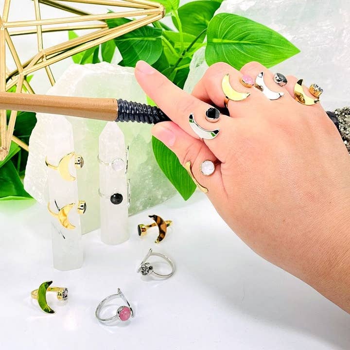 Adjustable Crystal Moon Accent Electroplated Rings for wholesale by Rock Paradise