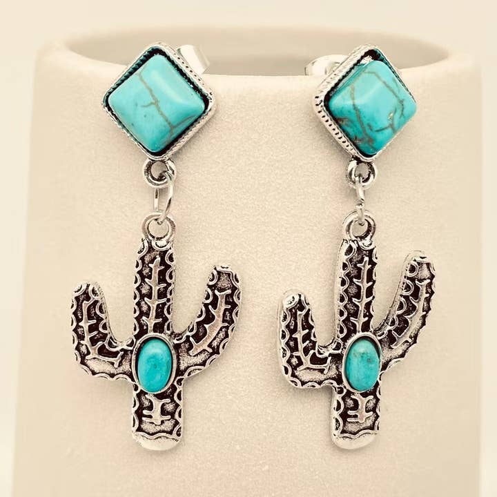 Turquoise Metal Cactus Pendant Western Style Post Earrings for wholesale by Mio Queena