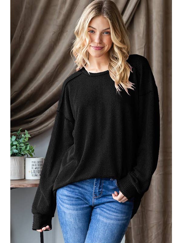 HEIMISH - Wholesale Knit Top - Women's - ET7684-10 LONG PUFF SLEEVE SOLID URBAN RIBBED TOP