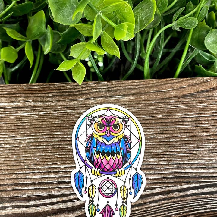 Colorful Owl Dreamcatcher, Die Cut Vinyl Sticker, Boho Fun, Water Resistant, Mystical Witchy Magic, Pink Blue Yellow |Sticker or Magnet for wholesale by Handmade by Marlayna
