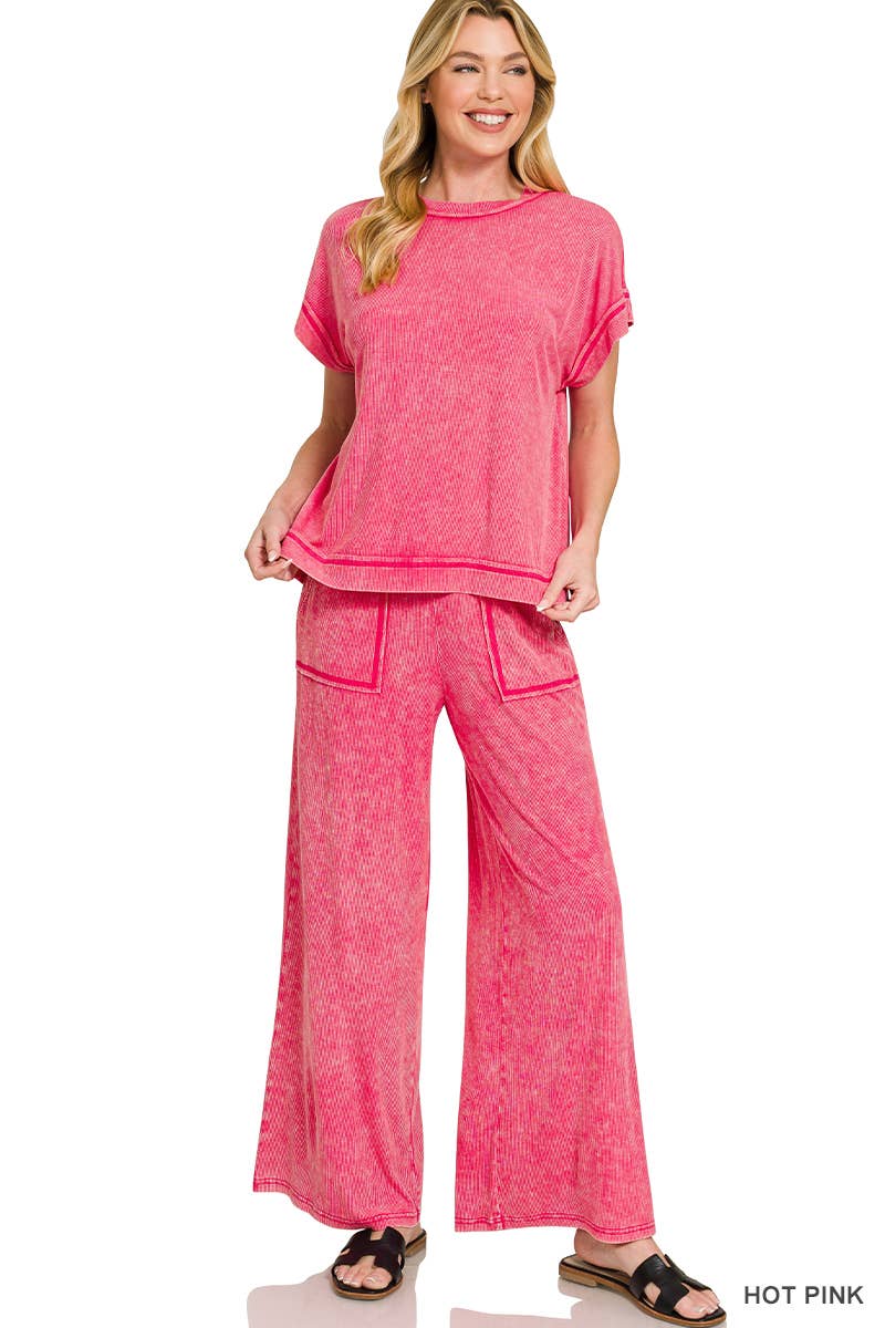 42POPS – wholesale Lounge set – Women's – ....0810 Ribbed Acid Wash Rayon Top & Pants 2PC Set SI-284137