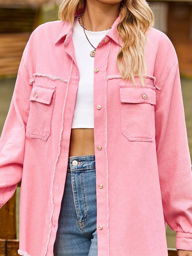 Veste boutonnée en jean délavé uni à bordure brute MN21 pour la vente par UNISHE