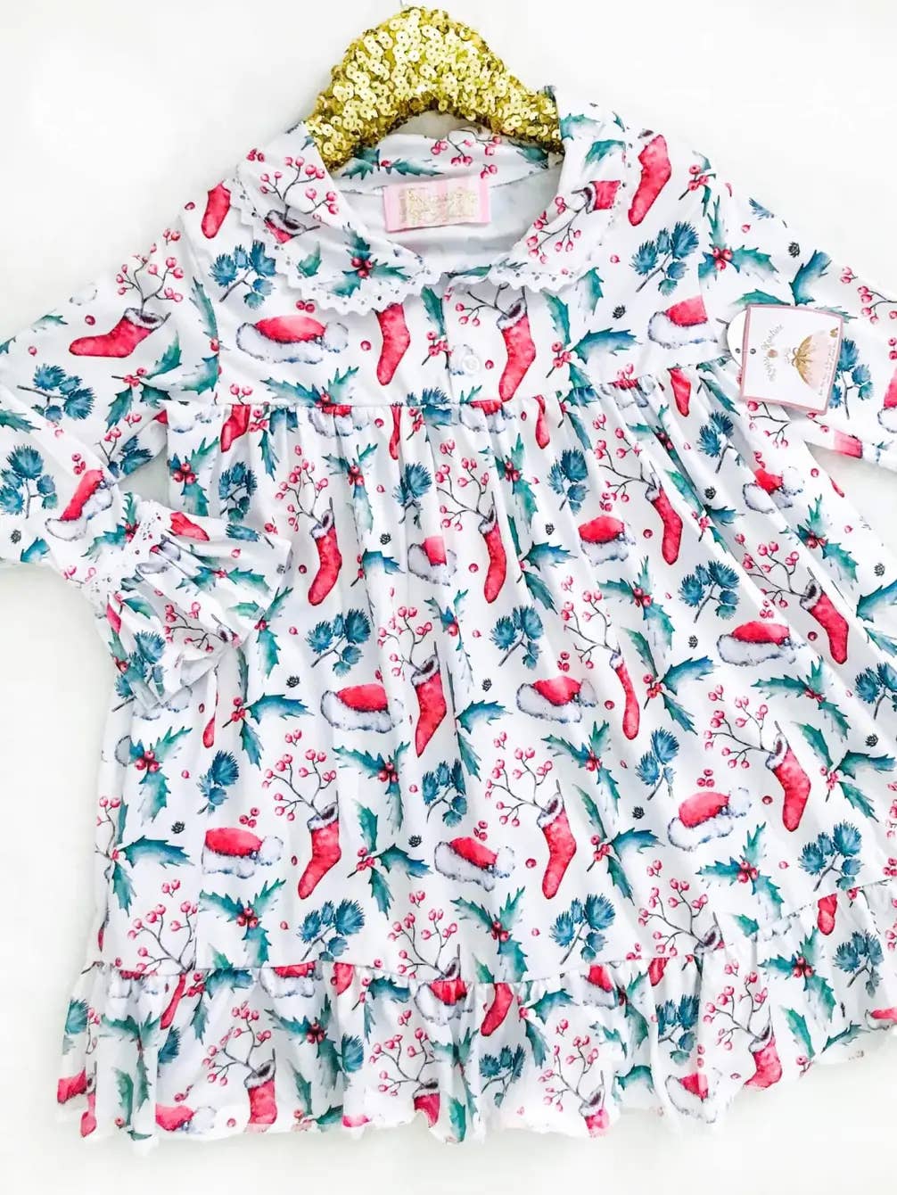 Rufflеѕ & Bоwtіеѕ - Affordable Boys & Girls Clothing - Wholesale Nightdress – Kids - Christmas Girls Vintage Long Sleeved Night Gown - Santa Hat