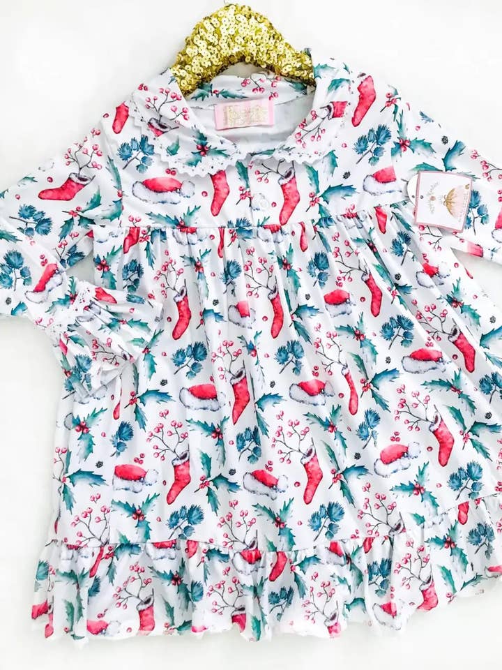 Rufflеѕ & Bоwtіеѕ - Affordable Boys & Girls Clothing - Wholesale Nightdress – Kids - Christmas Girls Vintage Long Sleeved Night Gown - Santa Hat0