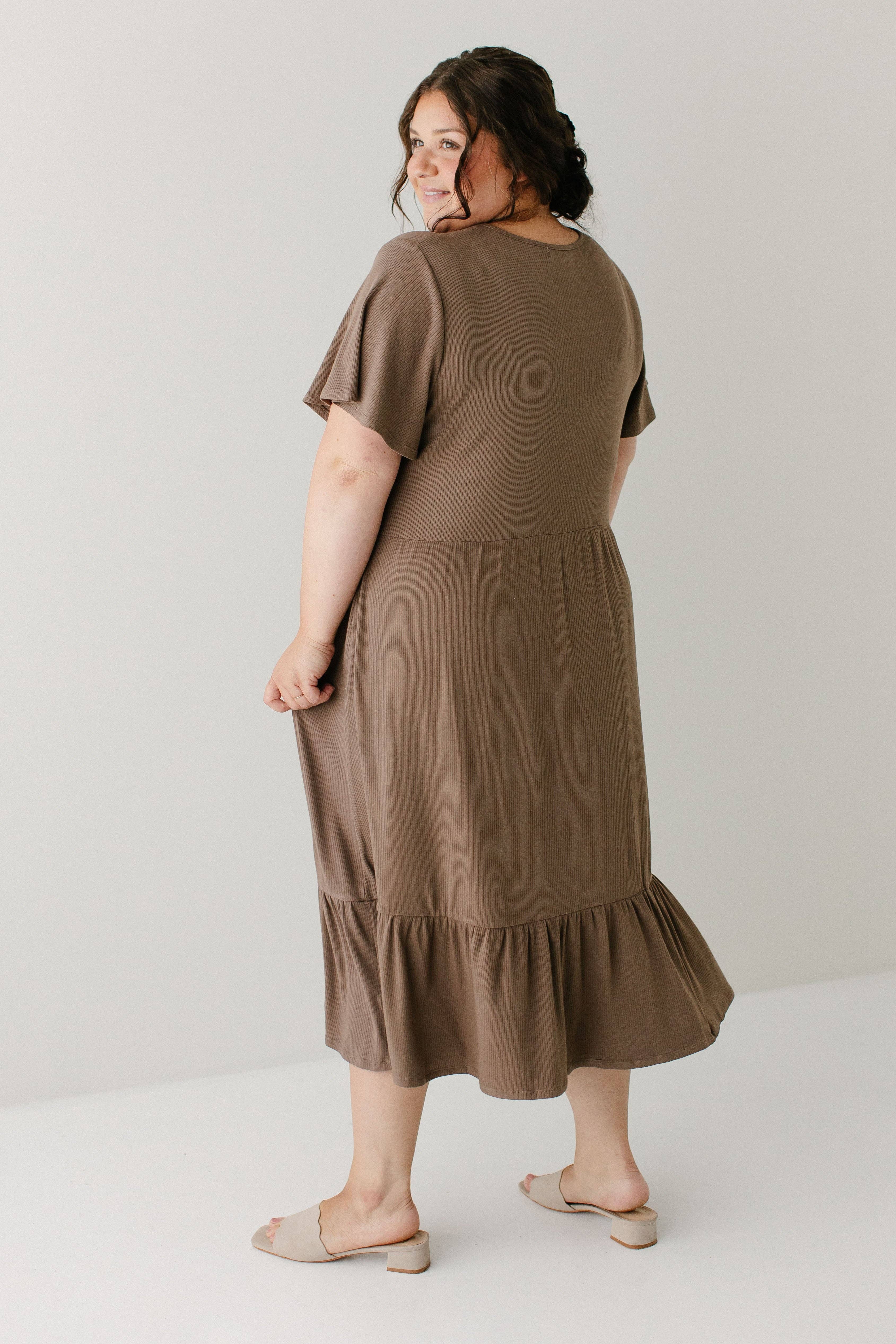 'Shiloh' Ribbed Tiered Midi Dress in Mocha FINAL SALE for wholesale on Faire13