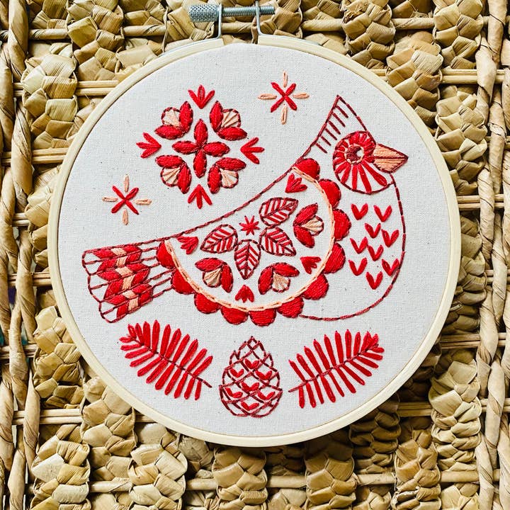 Hook, Line & Tinker Embroidery Kits - Wholesale Embroidery/Cross Stitch Supplies - Folk Cardinal Complete Embroidery Kit