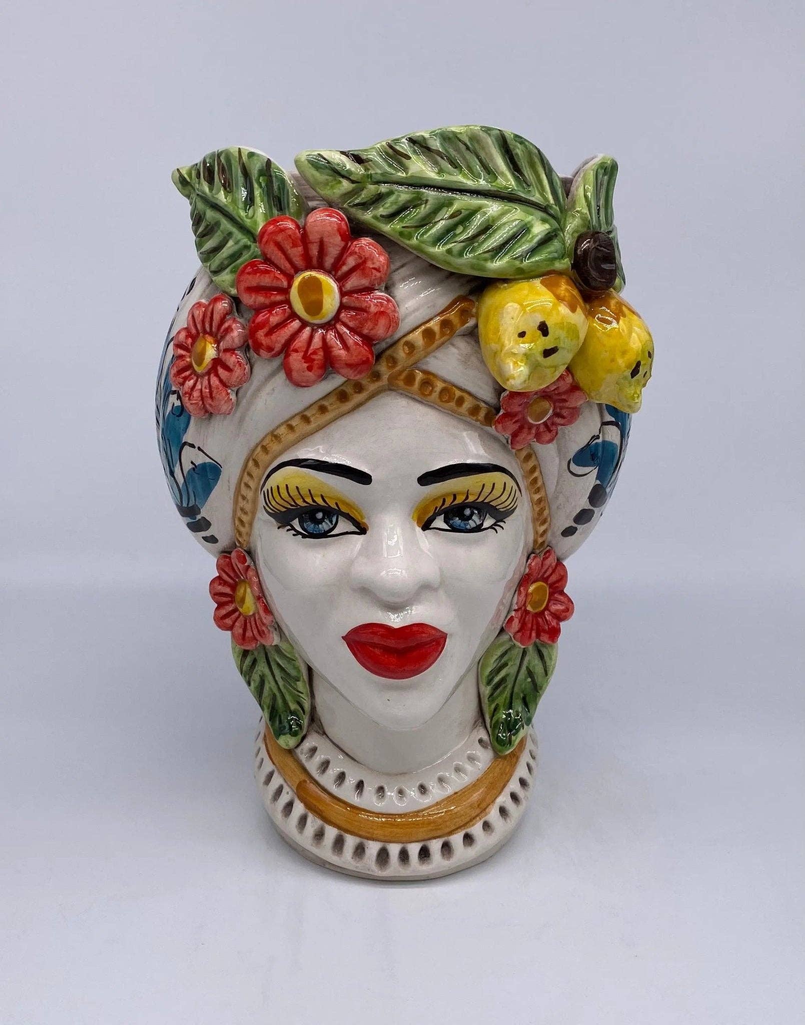 DD Ceramiche Siciliane - Wholesale Vase - Moorish Moor's Heads Caltagirone Ceramic cm H.28 L.19 Handmade Baroque Turban Flowers Lemons3