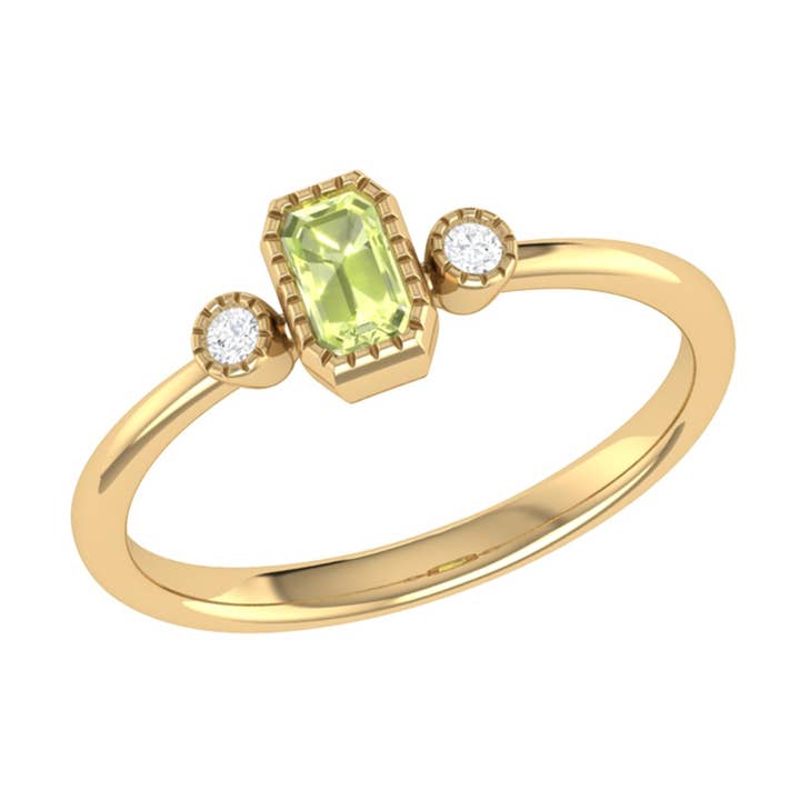 Anillo con piedra natal de diamantes y peridoto de talla esmeralda en oro amarillo de 14 k para venta al por mayor de LuvMyJewelry (LMJ)