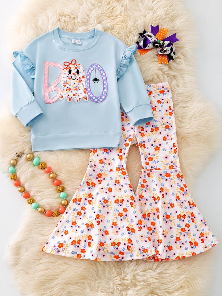"BOO" Boo applique girls sweatshirt and floral flare bell bottoms. OFG51147 AMY (Copy) for wholesale by Kids Charm Online
