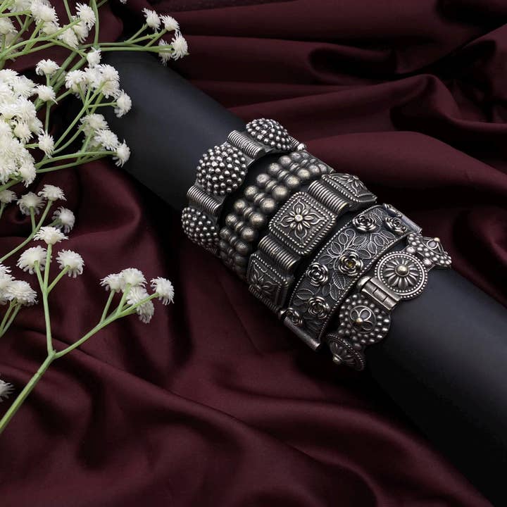 Premium Silver Replica Kada Bangle Set With Black Polish for wholesale by Quirky Fashions