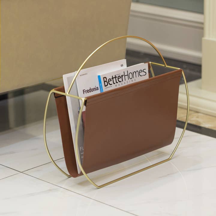 Quickway Imports - Wholesale Magazine Rack - Gold Metal and Brown Leather Freestanding Magazine Rack1