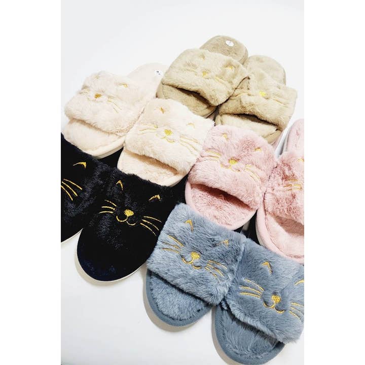 Soft Fur Cat Open Toe Indoor Slide Slippers for wholesale by Funteze