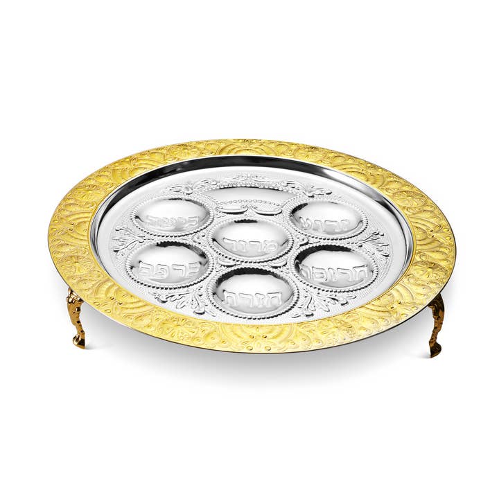 A&M Judaica And Gifts - Wholesale Decorative Plate/Dish/Bowl - Seder Plate Filigree Gold & SLVR Plated w/ Leg 3" H 15.5 W "0