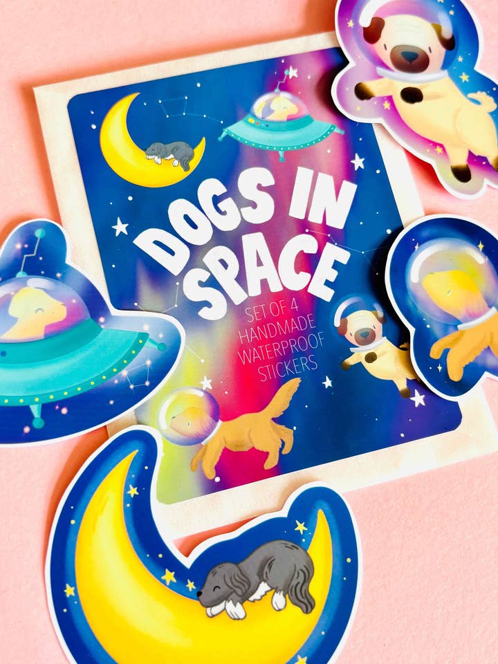 Space Dogs Sticker Set- Set of 4 Handmade Waterproof Vinyl Stickers for wholesale by Pixiecraft