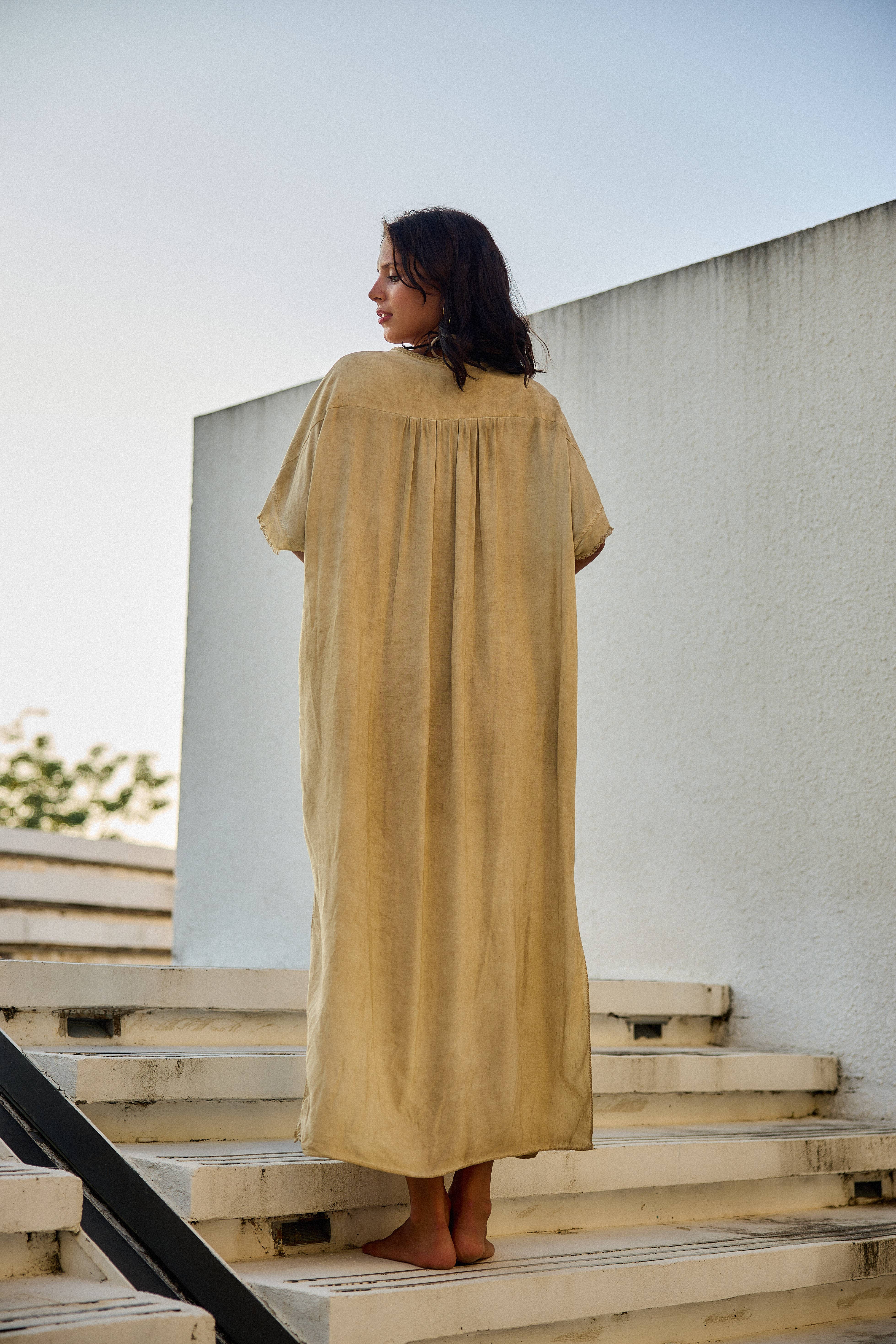 Beige Kimono dress, cut-out embroidery front and back for wholesale on Faire2