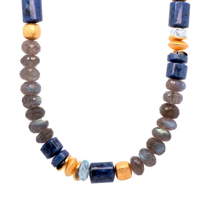 Polished Dumortierite , Sky Blue Topaz, Labradorite 8mm Necklace 24K Fair Trade Gold Vermeil for wholesale by Joyla Jewelry