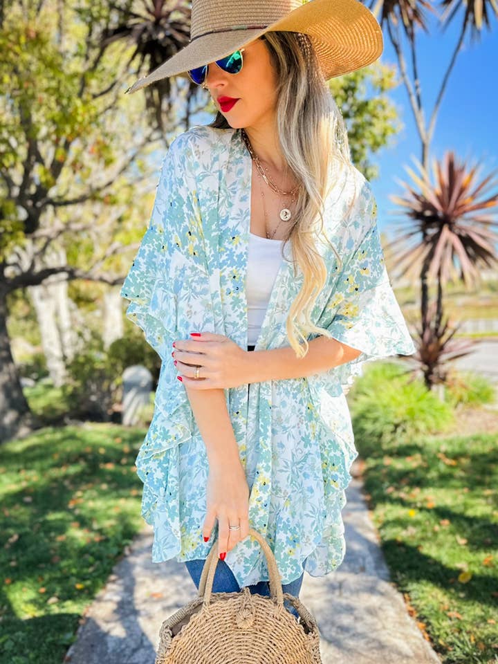 Sage Floral Printed Ruffle Sleeve Kimono Cover Up for wholesale on Faire3