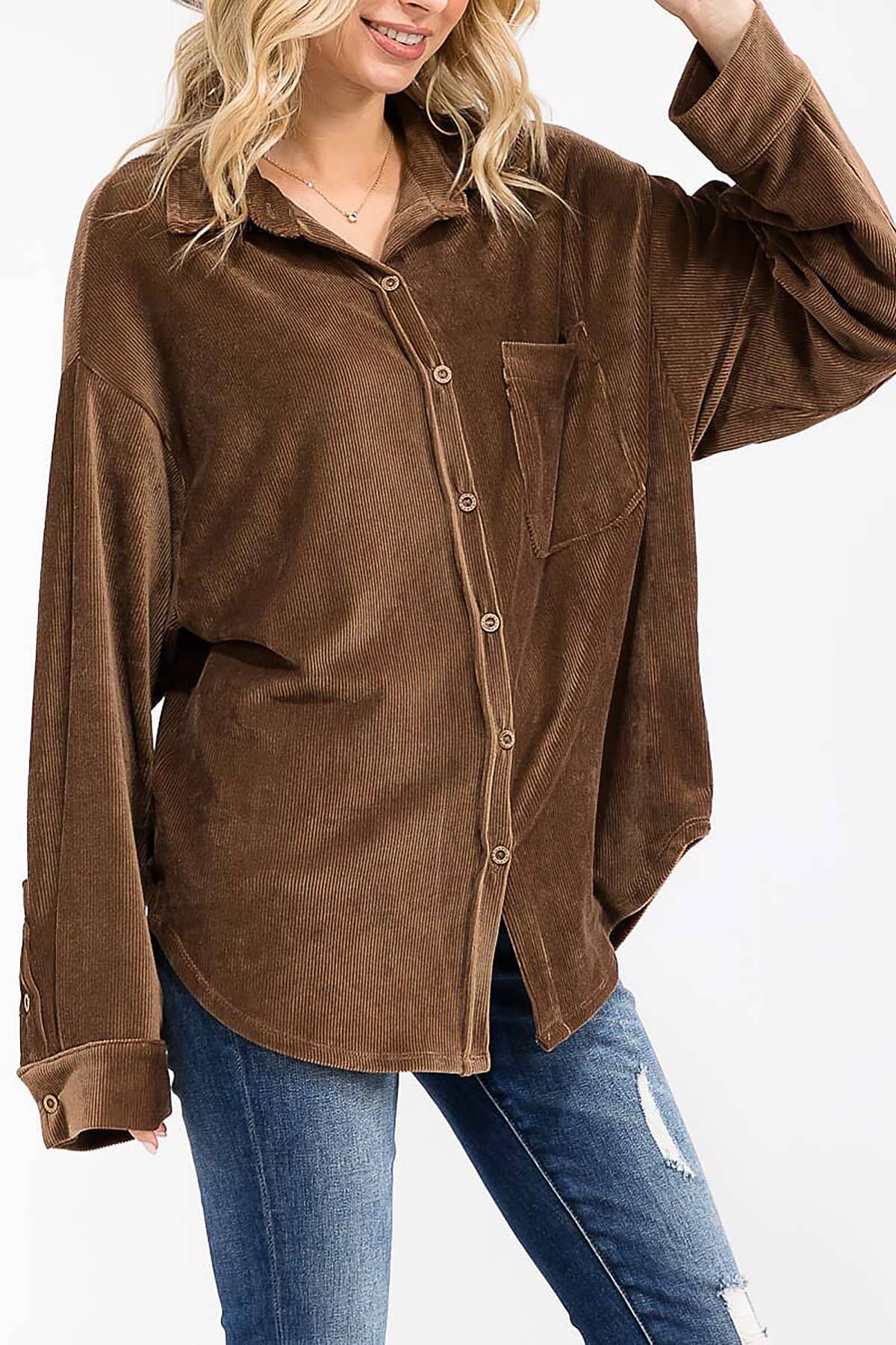 ROUSSEAU - Wholesale Button Down Shirt - Women's - OVERSIZED CORDUROY BUTTON DOWN POCKET FRONT TOP7