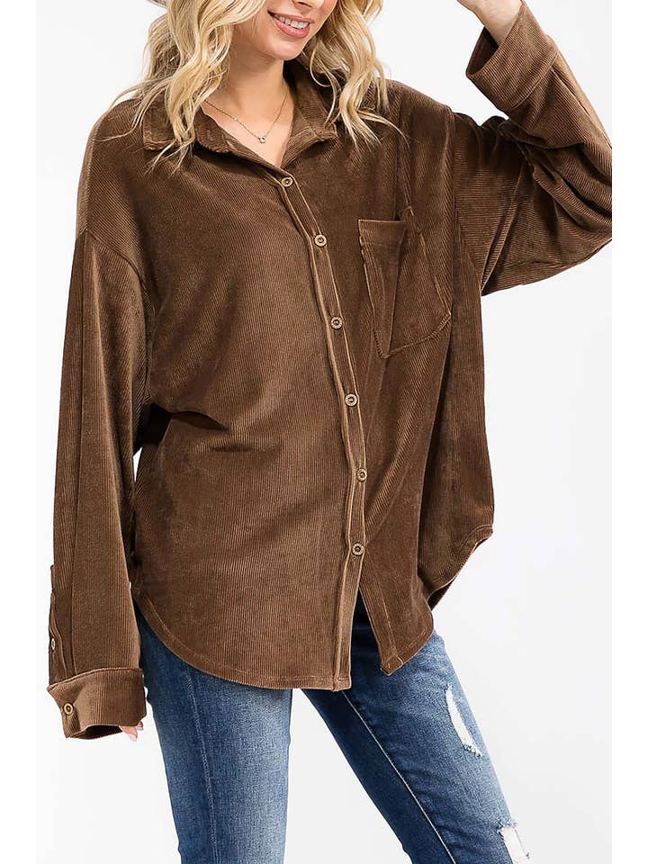 ROUSSEAU - Wholesale Button Down Shirt - Women's - OVERSIZED CORDUROY BUTTON DOWN POCKET FRONT TOP7