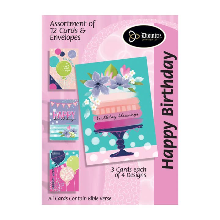 Boxed Greeting Cards: 12CT Birthday Floral Balloons & Cakes for wholesale by Divinity Boutique