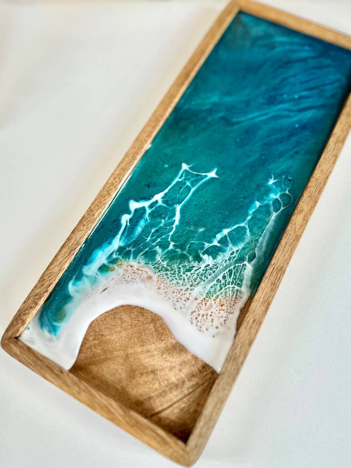 MANGO WOOD RESIN SEASCAPE OCEAN ART TRAY | SERVING PLATTER for wholesale by Prescription Resin