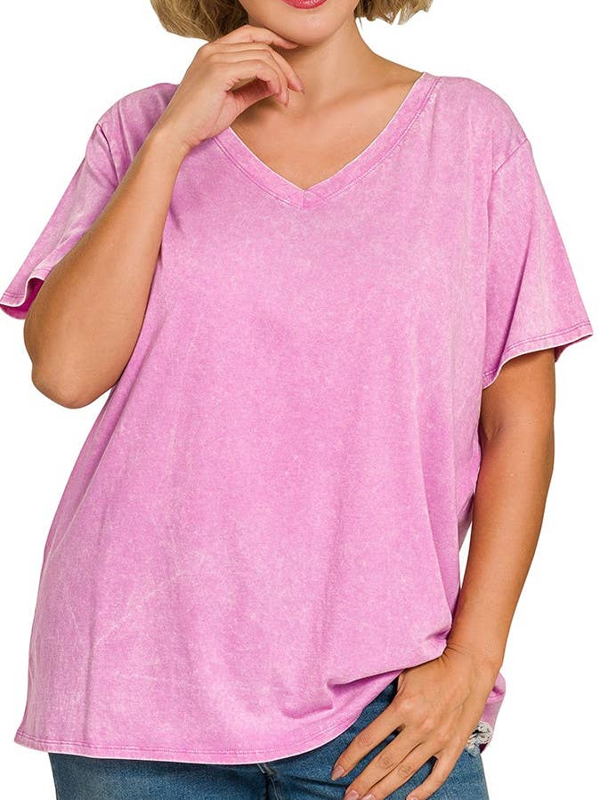 Plus Washed Short Sleeve V-neck Top for wholesale by Vanilla Monkey