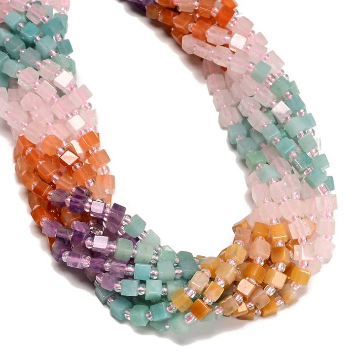01 Cuentas de Piedras Preciosas Multicolor en Forma de Cubo Liso Tamaño 4mm Hebra de 15" para venta al por mayor de CRCBEADS