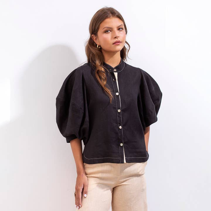 GERALD SHIRT BLACK AND BEIGE LINEN for wholesale by Maria la Paz