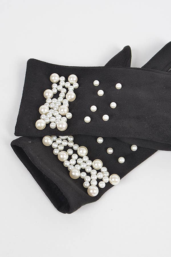 BLACK Faux Suede Gloves W Imitation Pearl for wholesale on Faire2