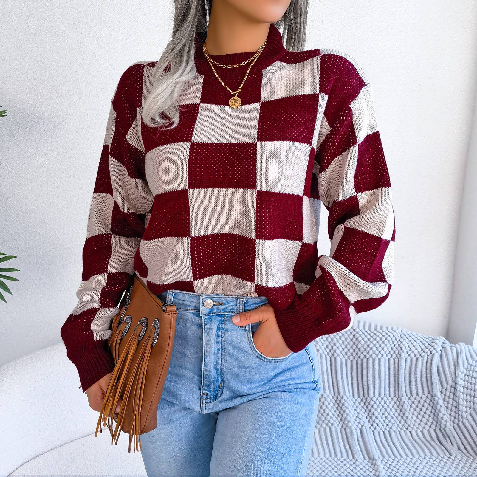 Hope & Sunshine - Wholesale Knit Sweater - Women's - Colorblock Plaid Knit Sweater For Women16