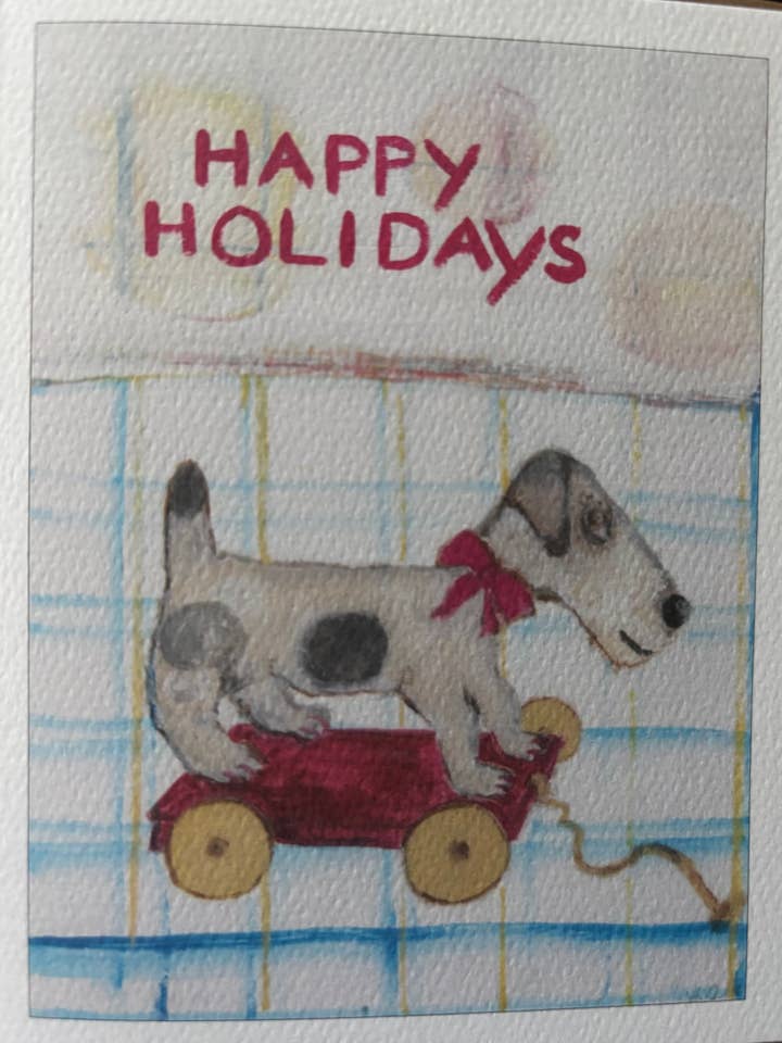 Happy Holidays retro dog holiday Christmas card for wholesale by Bernie Street Studios