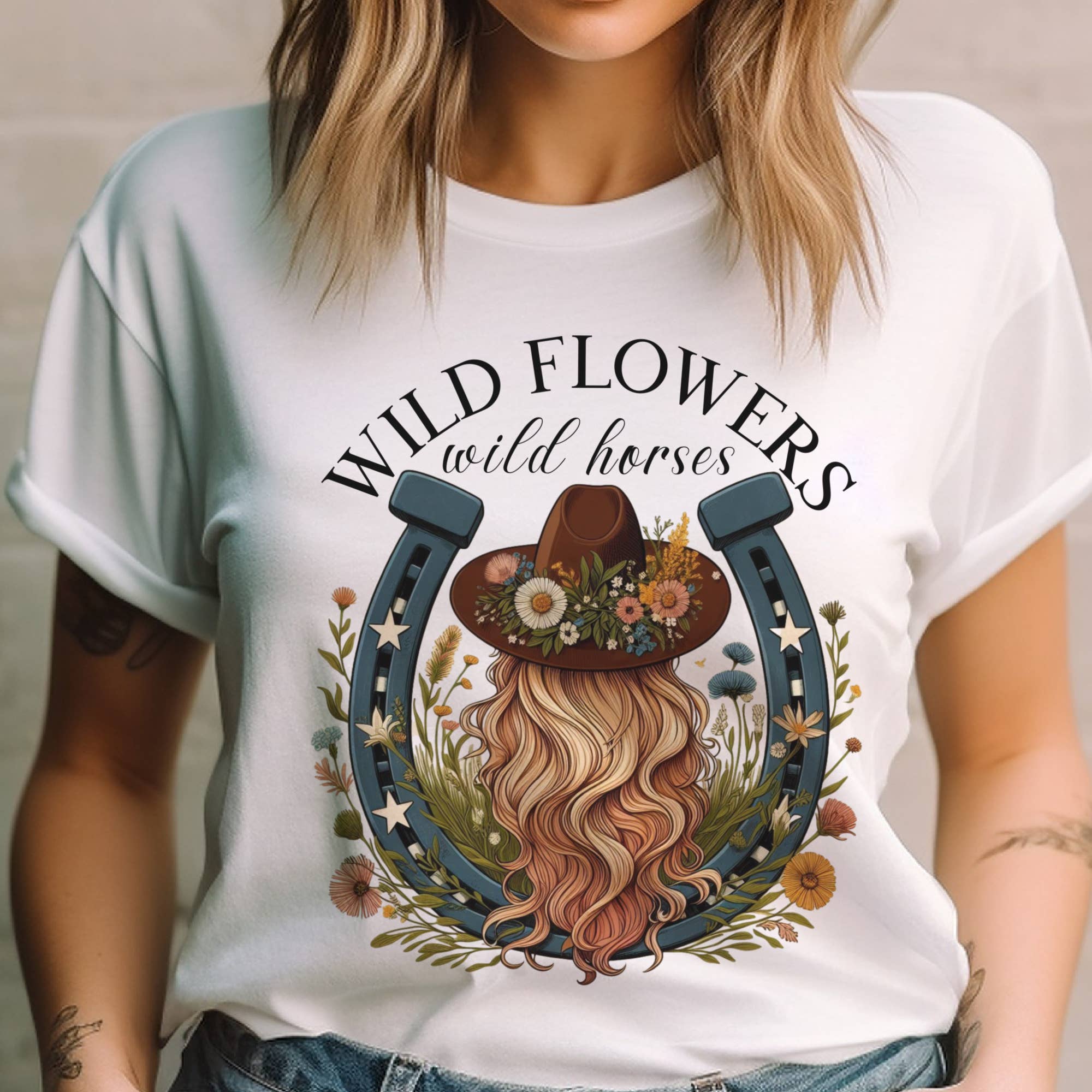 Par.tees by Party On! – wholesale Screen printed t-shirt – Women′s – Wild Flowers and Wild Horses Cowgirl Country Graphic Tee3