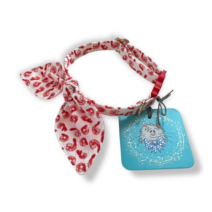 Collier pour chat avec nœud oreilles de lapin - Crevette sur blanc pour la vente par Whiskers Crafts