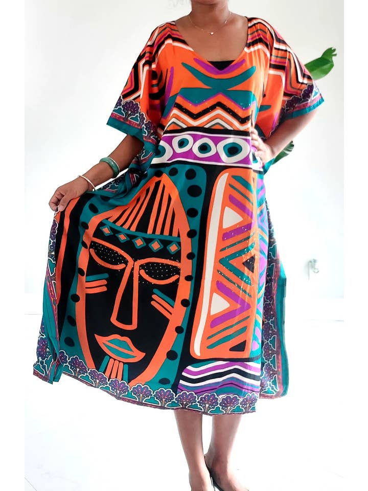 India Batik - Wholesale Kaftan - Women's - Afro Print Middi Kaftan Dress