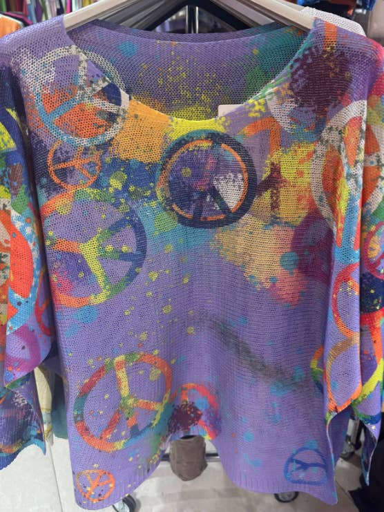 LOOWIE - Wholesale Knit Sweater - Women's - 19PU Purple Peace & Love Knit Printed Sweater LOOWIE