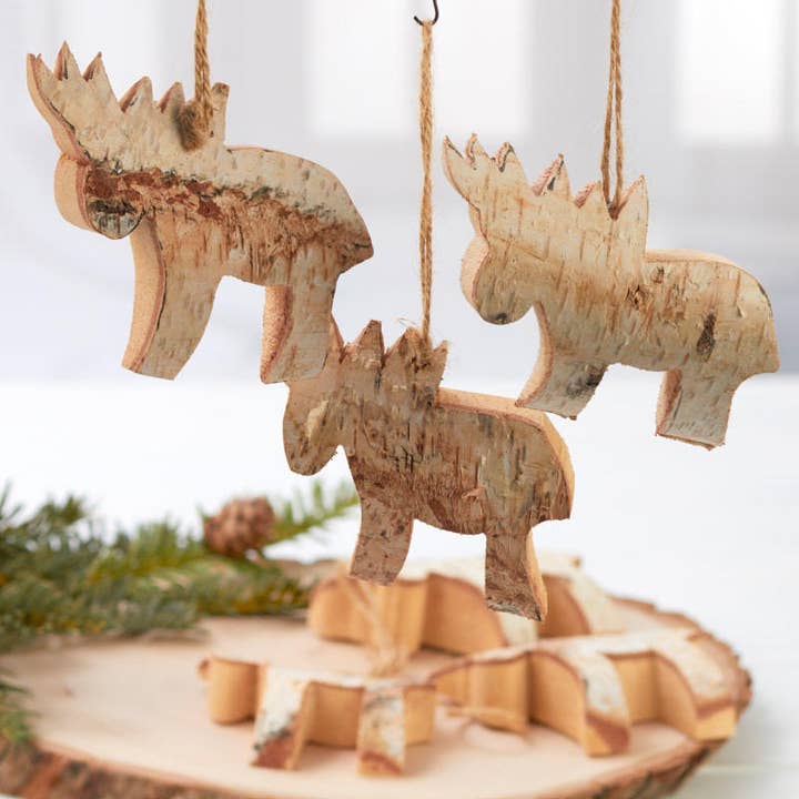 Rustic Birch Wood Moose Ornaments - Pack of 6 for wholesale by Factory Direct Craft
