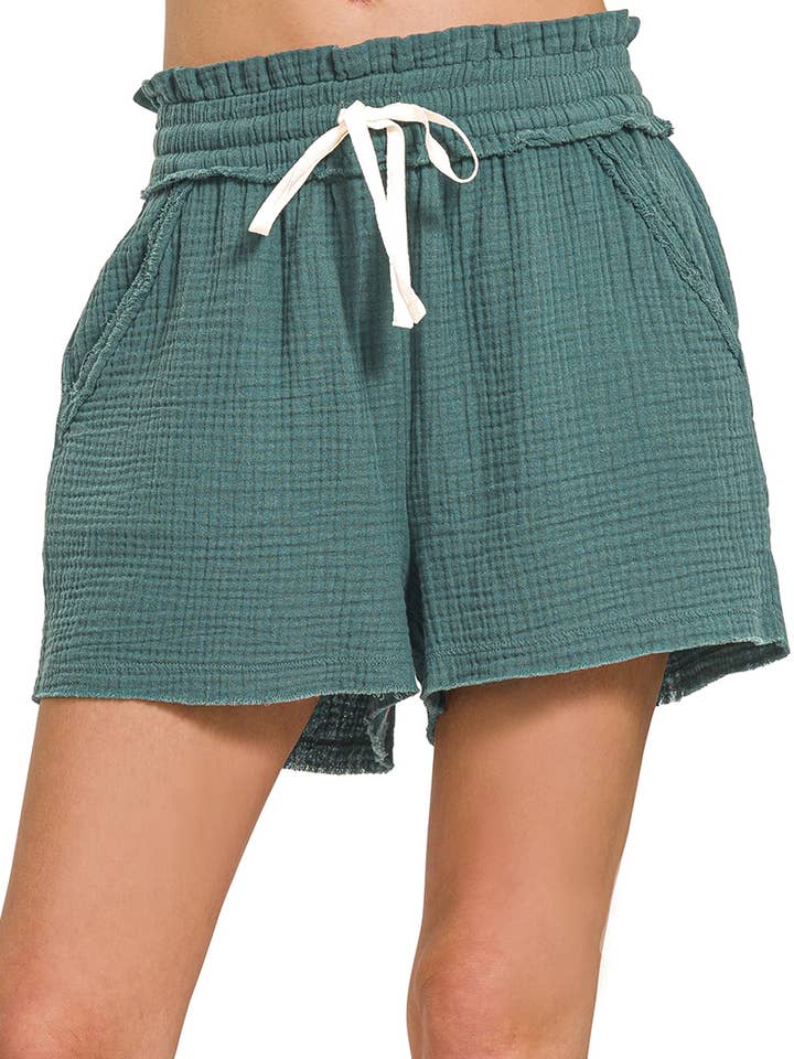 ..0802 Dubbele Mousseline Elastische Tailleband Korte Broek Met Zakken voor wholesale door 42POPS