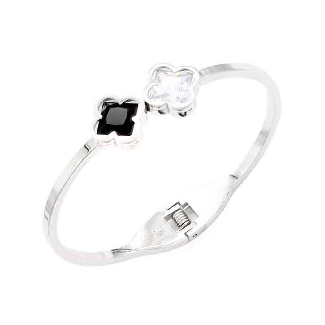 Fashion City - Wholesale Bangle Bracelet - Stainless Steel Bracelets with 4 Leaf Rhinestone2