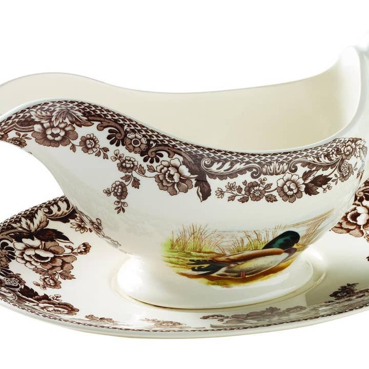 Spode Woodland Sauce Boat & Stand (Mallard/Snipe/Rabbit) for wholesale by Portmeirion, Spode, Pimpernel, Nacthmann, Wrendale Designs
