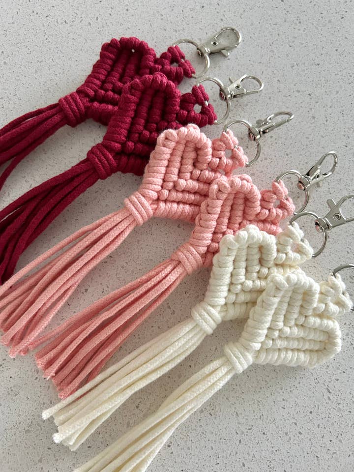 Macrame Heart Keychain – Handmade Cotton Boho Key Ring Gift for Her for wholesale by Penguin Knots