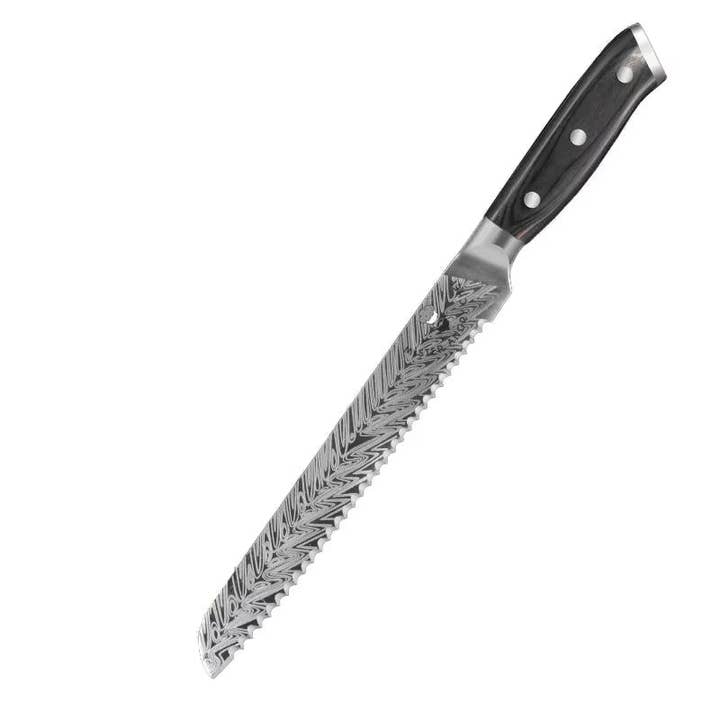 Couteau à pain japonais à laser en forme de damas, 8 po, manche en bois Pakka pour la vente par Mister Angry Chef LLC