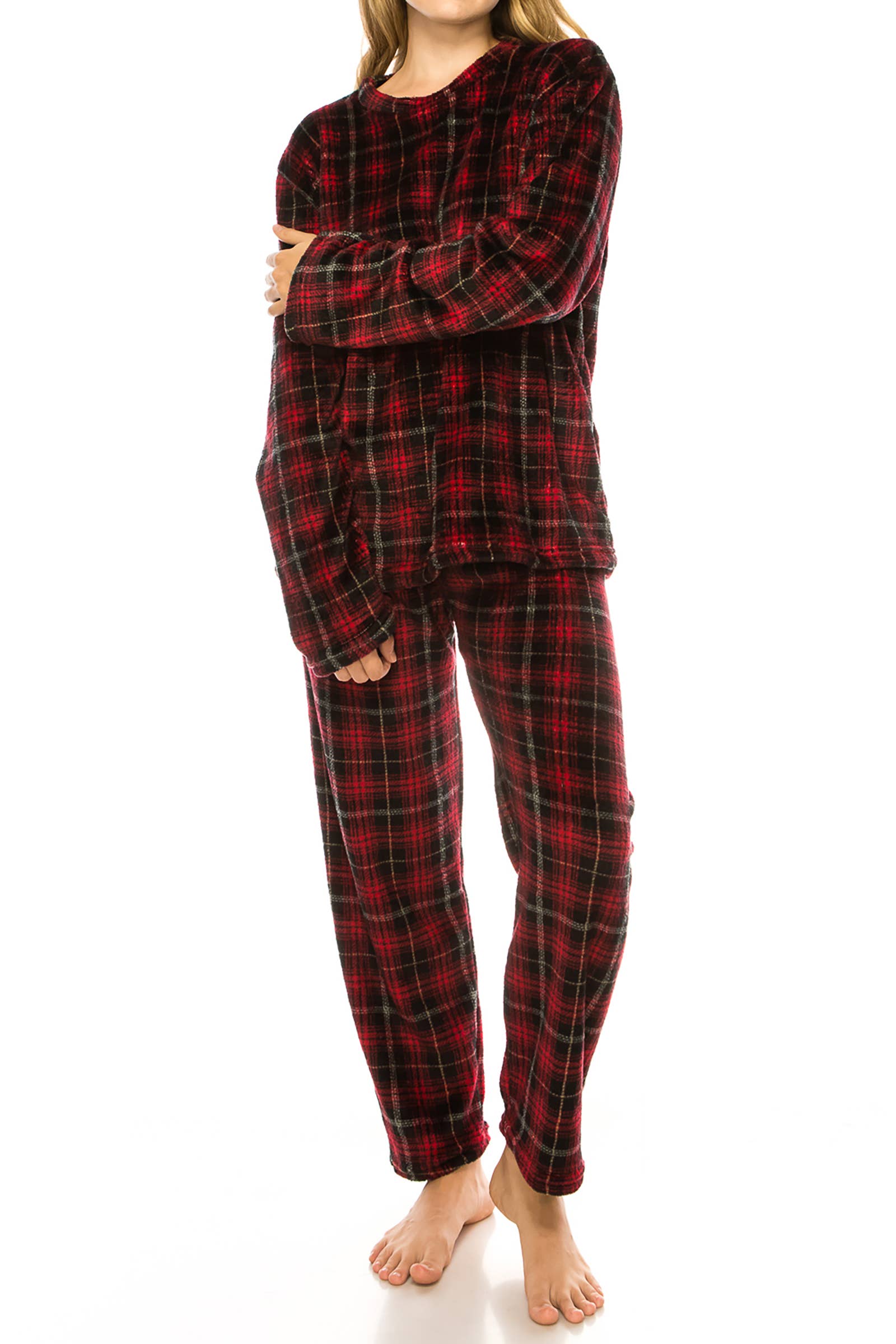 Red Black Clan Wallace Plaid Microfleece Lounge Pajama Sets for wholesale on Faire1