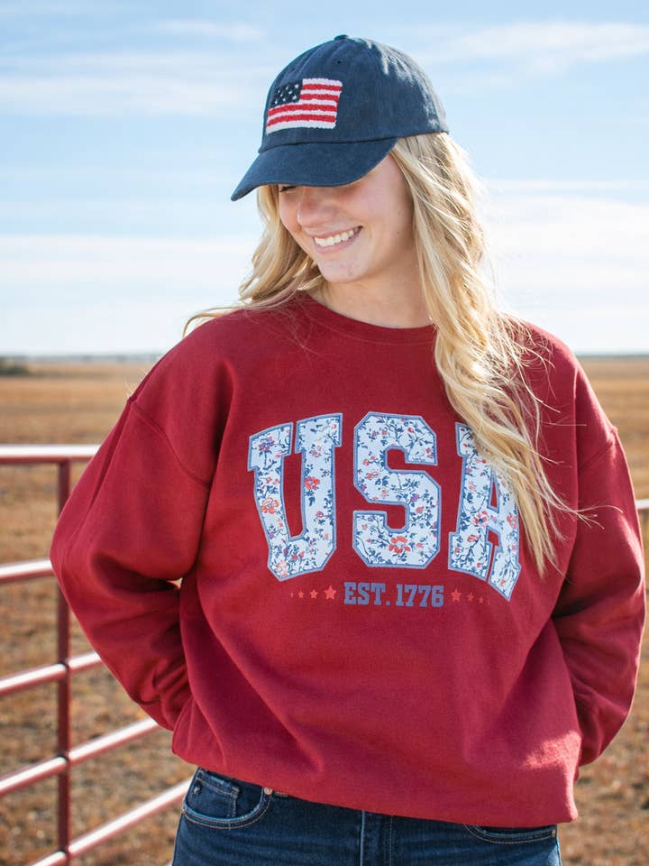 Western Patriotic Floral 'USA' Red Graphic Crewneck for wholesale by American Farm Company