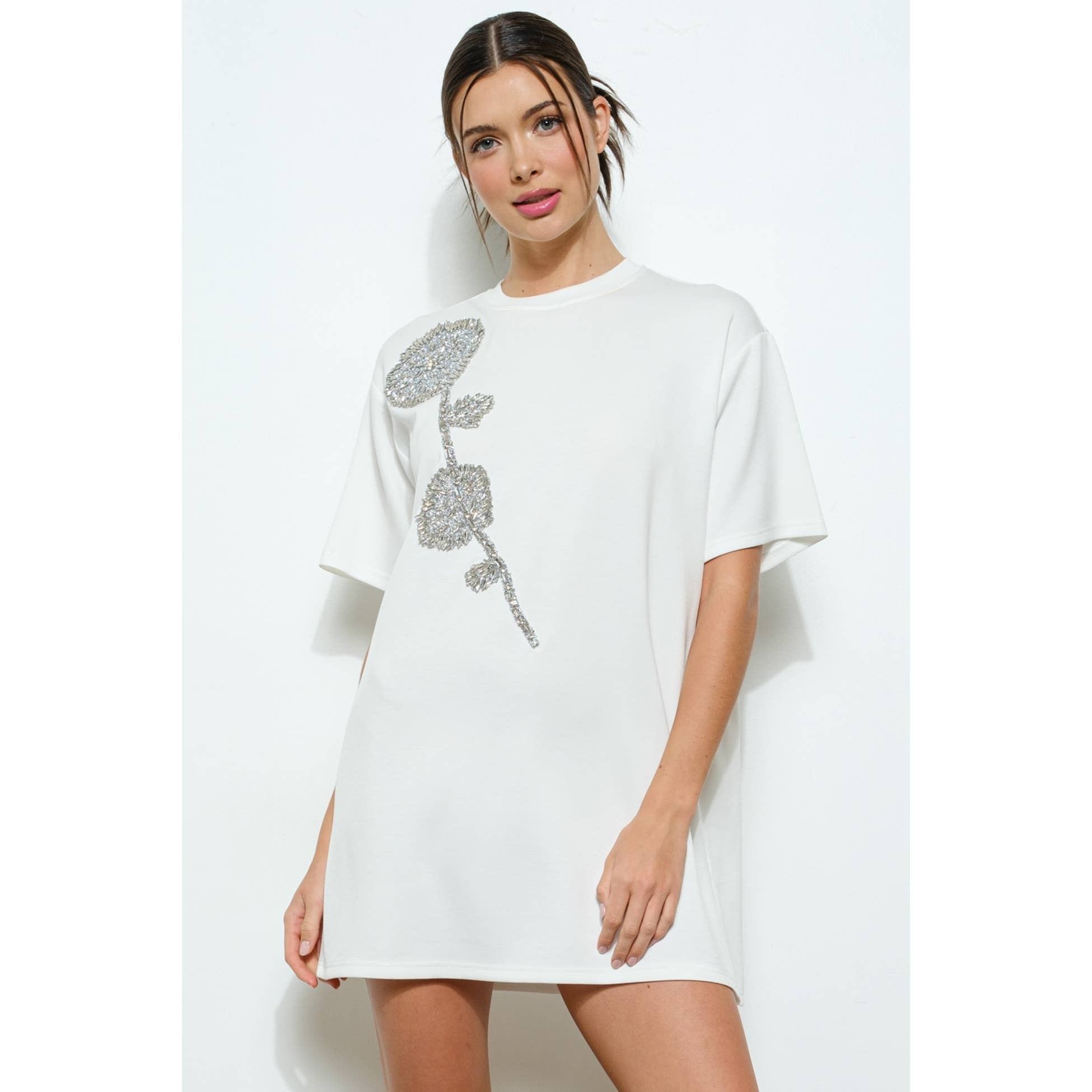 Wholesale Rhinestone Beaded Flower Embellished T-Shirt Dress for