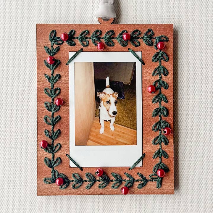 Winter Berries Holiday Wreath Instant Photo Embroidery Frame Ornament Kit for wholesale by Sew Festive Embroidery Co.
