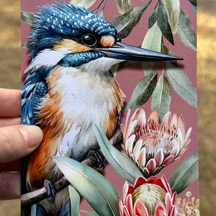 Scattered Seed Co - Wholesale Everyday greeting card - Australian Kingfisher on Native Florals greeting card1