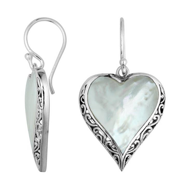 AE-6196-MOP Sterling Silver Heart Earrings With Mother Of Pearl Inlay And Intricate Filigree Work for wholesale by Bali Designs